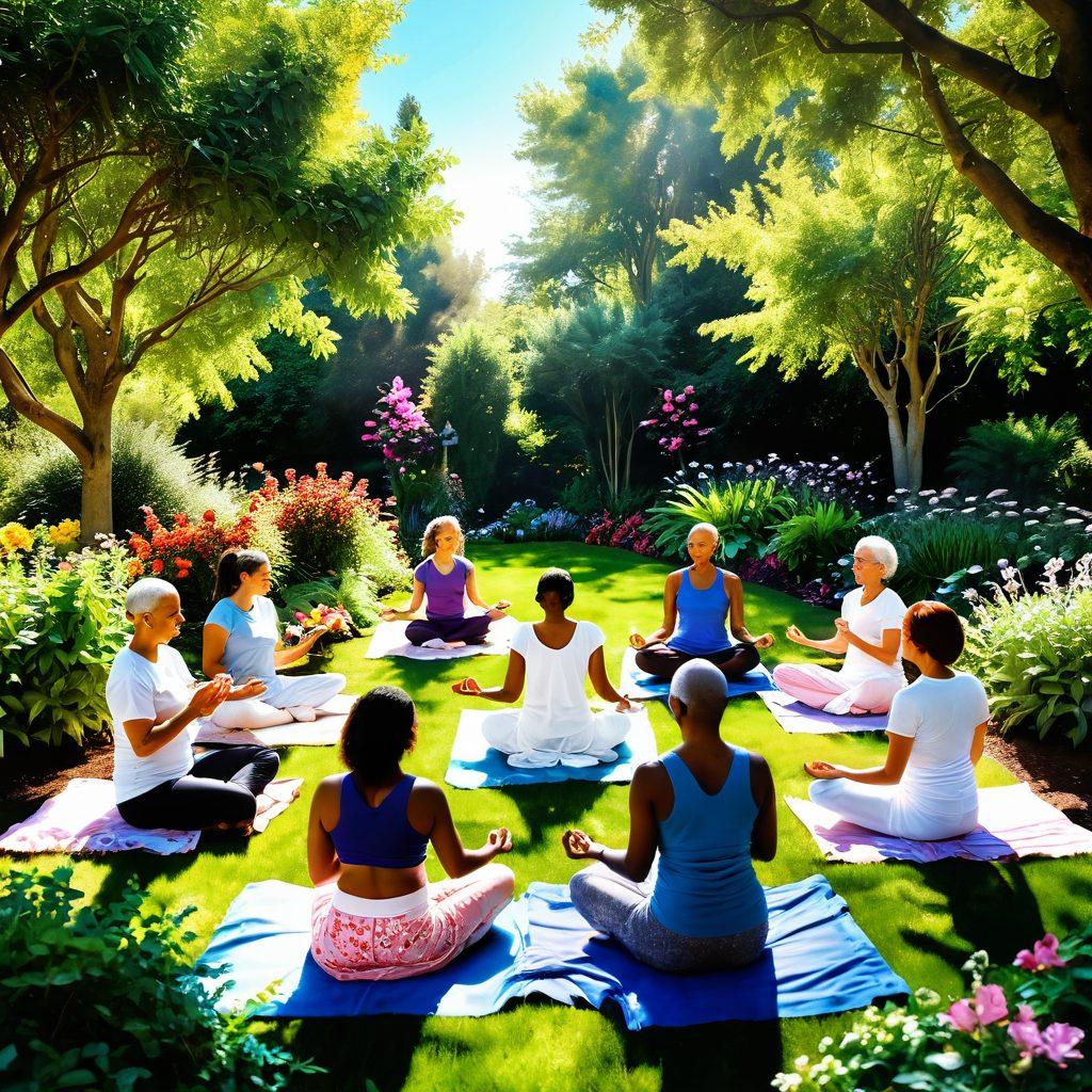 A vibrant and uplifting scene depicting a diverse group of cancer patients in a lush garden, sharing healthy meals and engaging in joyful activities like yoga and meditation. Soft sunlight filters through the trees, symbolizing hope and renewal, while elements representing nutrition, like fresh fruits and vegetables, are artistically arranged throughout the scene. Include a beautiful backdrop of blooming flowers and clear blue skies, creating an inspiring atmosphere. super-realistic. vibrant colors. peaceful ambiance.