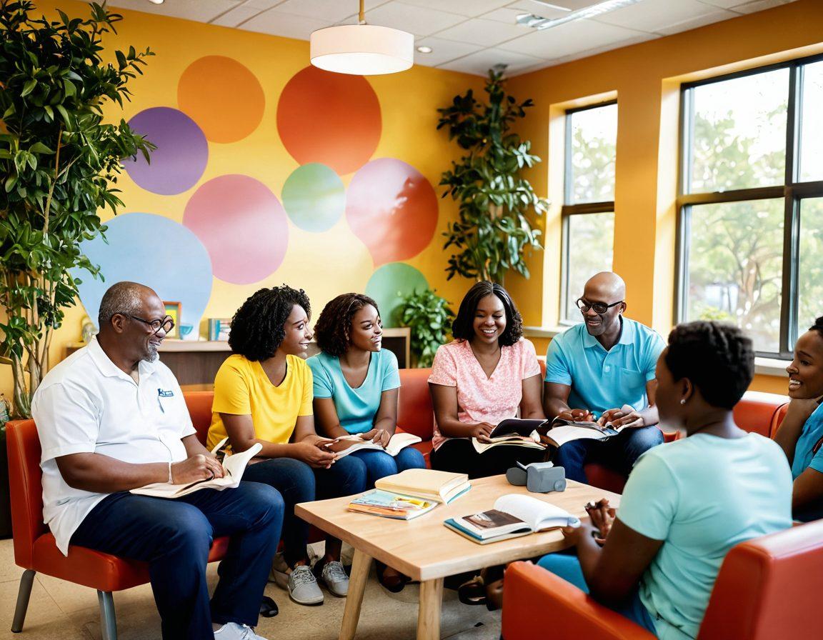 A diverse group of empowered patients engaged in a supportive community setting, sharing resources and experiences. Include interactive elements like books, laptops, and conversation bubbles symbolizing knowledge exchange. Showcase warmth through bright colors and expressions of hope and connection. Incorporate a backdrop of a welcoming community center filled with greenery. super-realistic. vibrant colors. natural lighting.