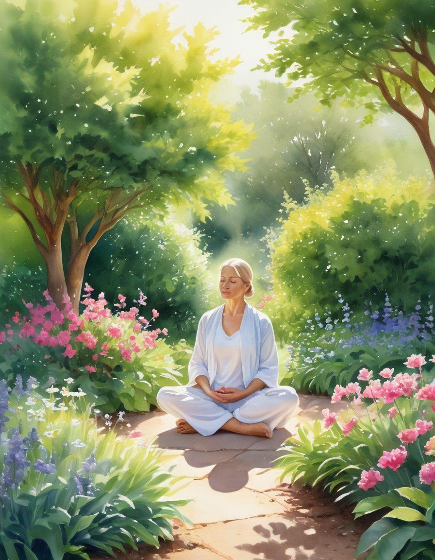 A serene and hopeful scene depicting a cancer survivor meditating in a sunlit garden, surrounded by lush greenery and blooming flowers. Beside them is a stack of educational books on oncology, symbolizing the importance of knowledge in the healing journey. Soft rays of sunlight filtering through the leaves create a warm and uplifting atmosphere. watercolor style. vibrant colors.